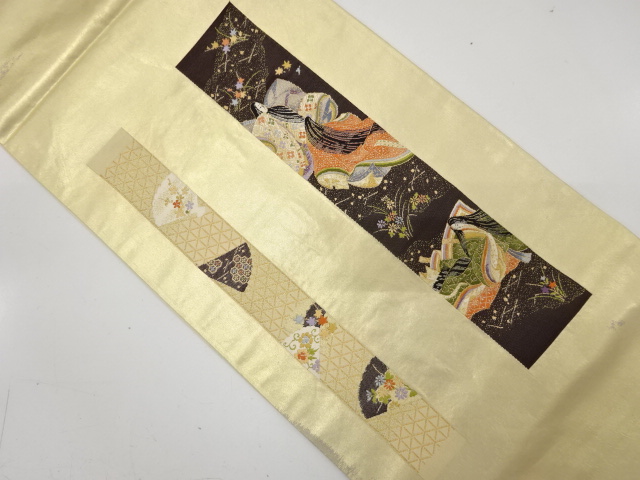 JAPANESE KIMONO / ANTIQUE FUKURO OBI / SILK / WOVEN JUNIHITOE & FLOWERS & FOLDING FAN